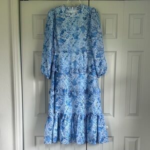 Tuckernuck Blue Multi Abstract Floral Rosalind Ruffle Midi Dress